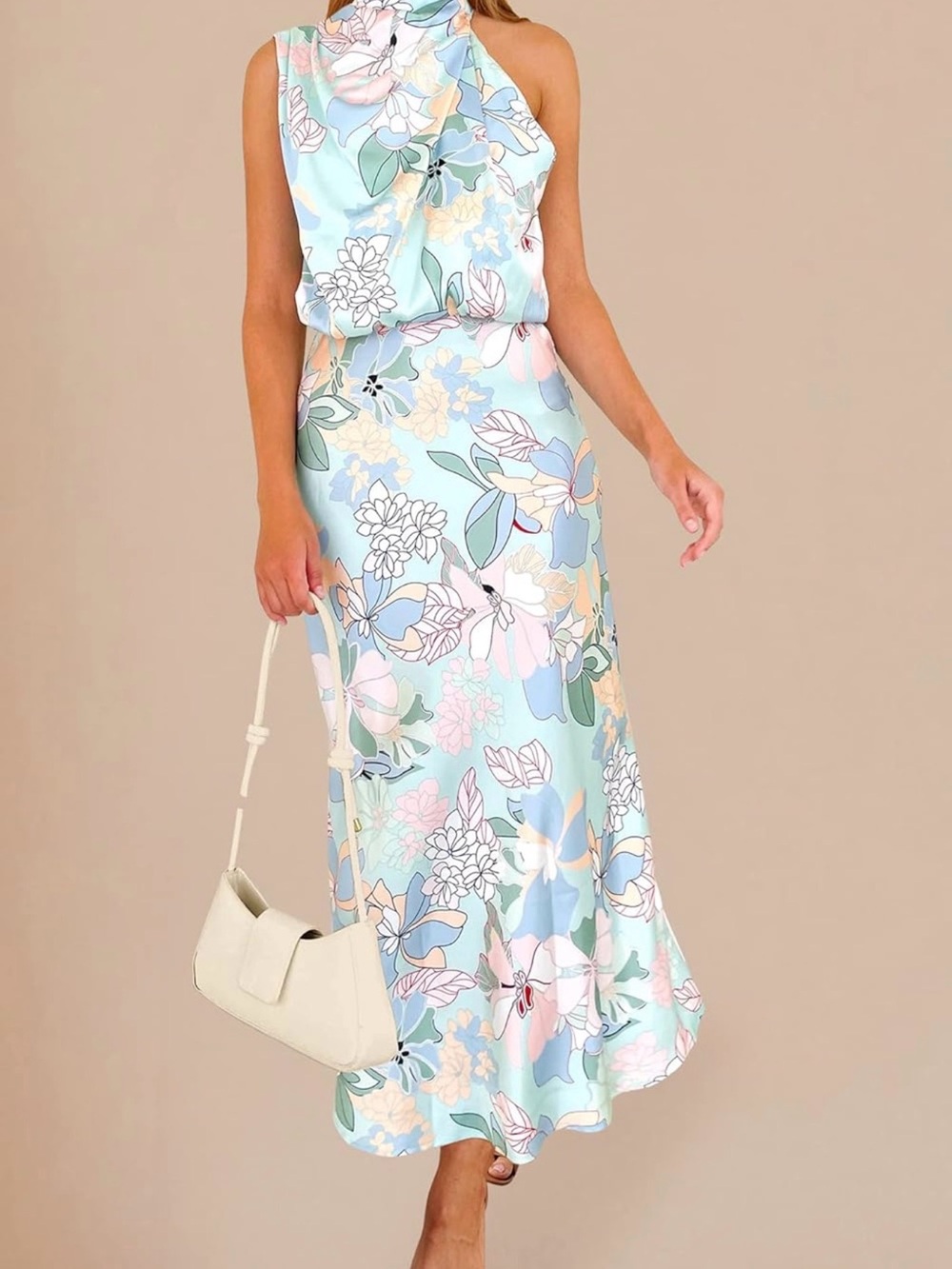 Satin Elegant Floral Mock Nevk Maxi Dress - Light Blue & Pastel Print